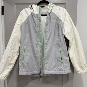 The North Face Rain Coat- Light Gray and Cream Jacket with Green Accents